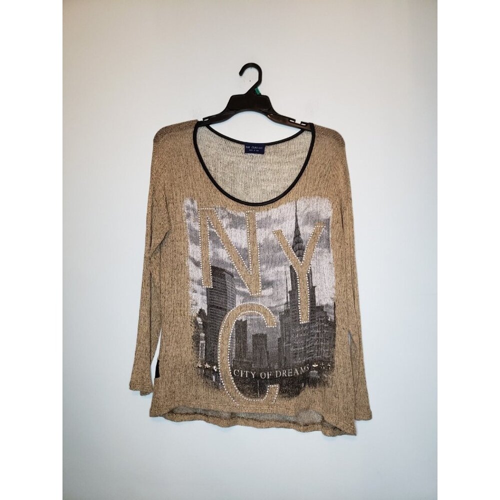 The Clas-sic Womens L Blouse Y2K Loose Knit Sheer NYC City Of Dreams Scoop Neck